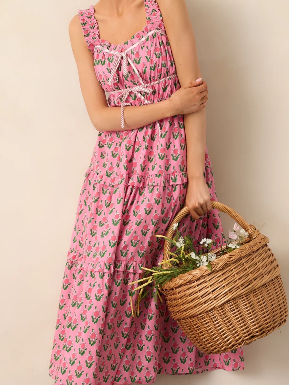 entro Pink Floral Tiered Dress with Rope Tie